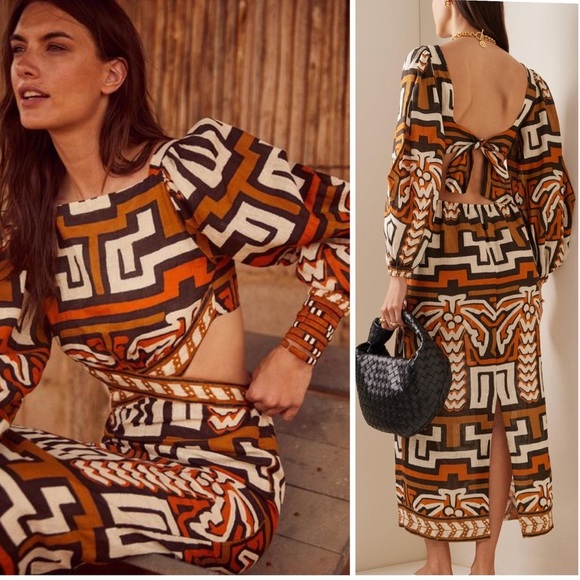 Johanna Ortiz LUZ DE ATARDECER ANKLE DRESS Linen cut out tie back 8 midi